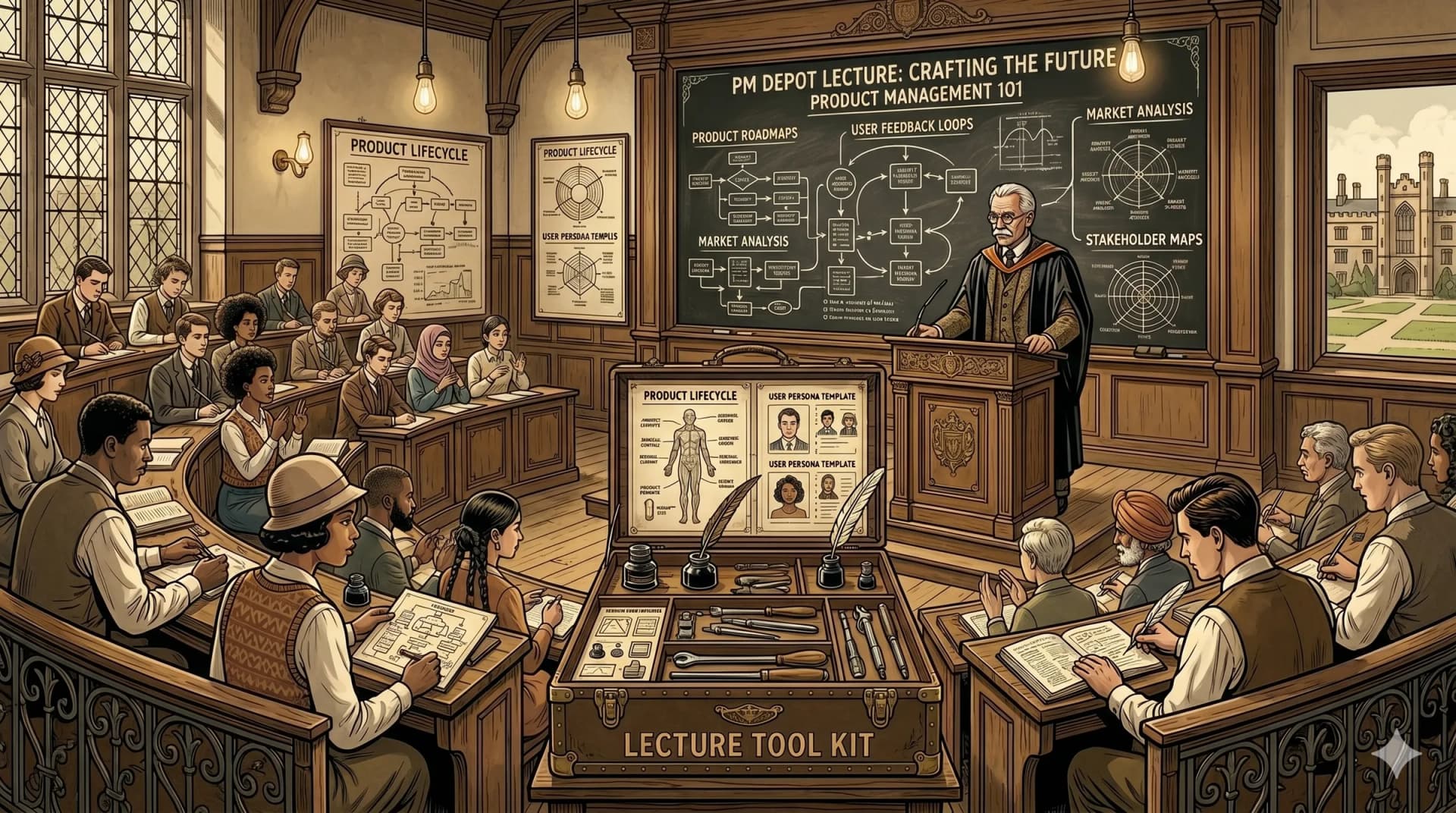 PM DEPOT lecture hall with product managers learning frameworks and strategy