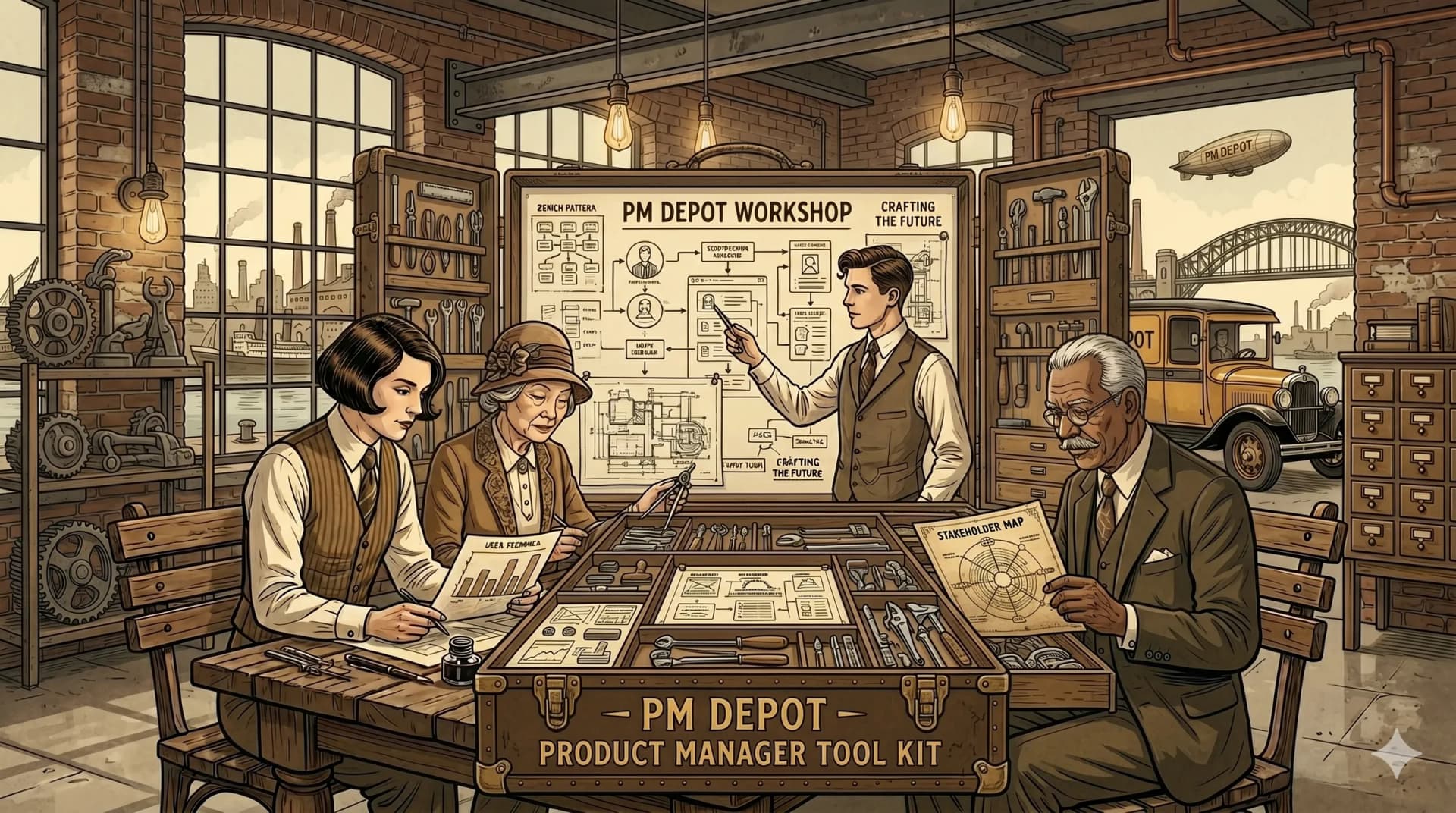 Product managers working at a PM DEPOT workshop table with frameworks and tools
