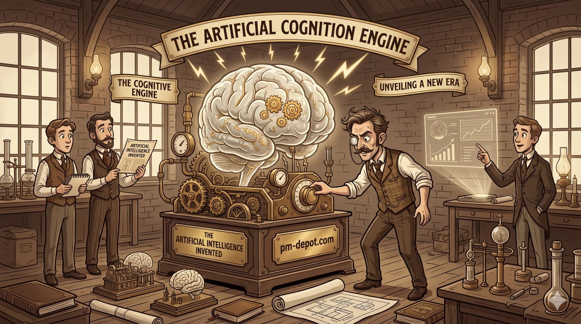 Steampunk scientists operating the Artificial Cognition Engine at PM DEPOT